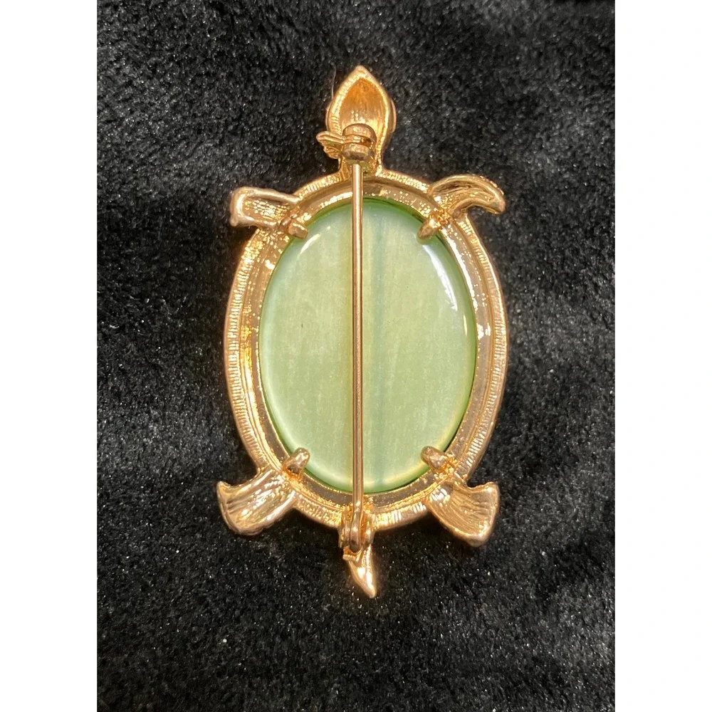 Turtle Brooch Womens Green Gold Tone Lattice Rhinestone Figural Pin